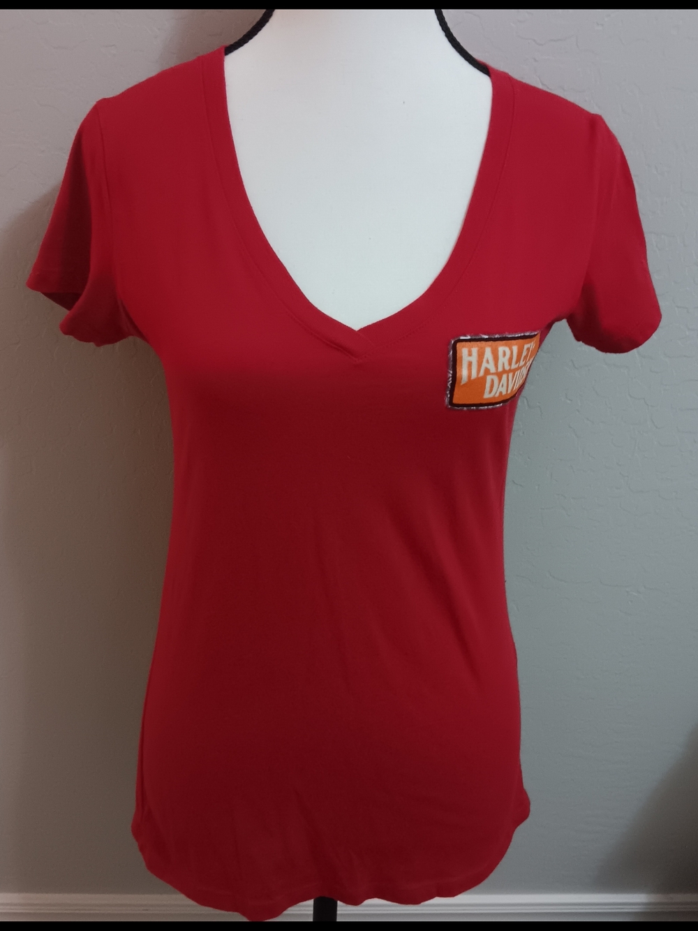 Harley-Davidson Women's Red V-Neck Tee with Orange Patch